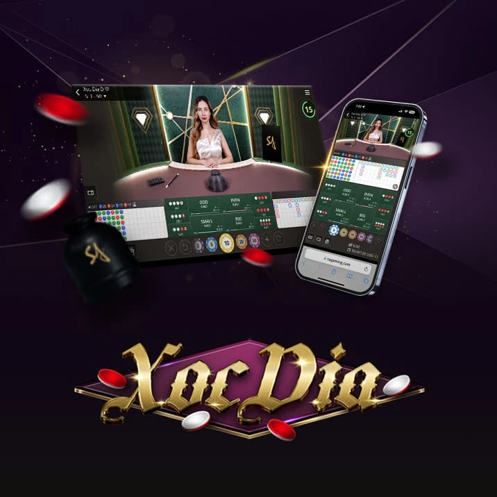 Image for an online Xoc Dia game featuring a dealer at a gaming table on the left and a mobile interface on the right. The text 'XOC DIA' is prominently displayed at the bottom, surrounded by colorful gaming chips and betting options.